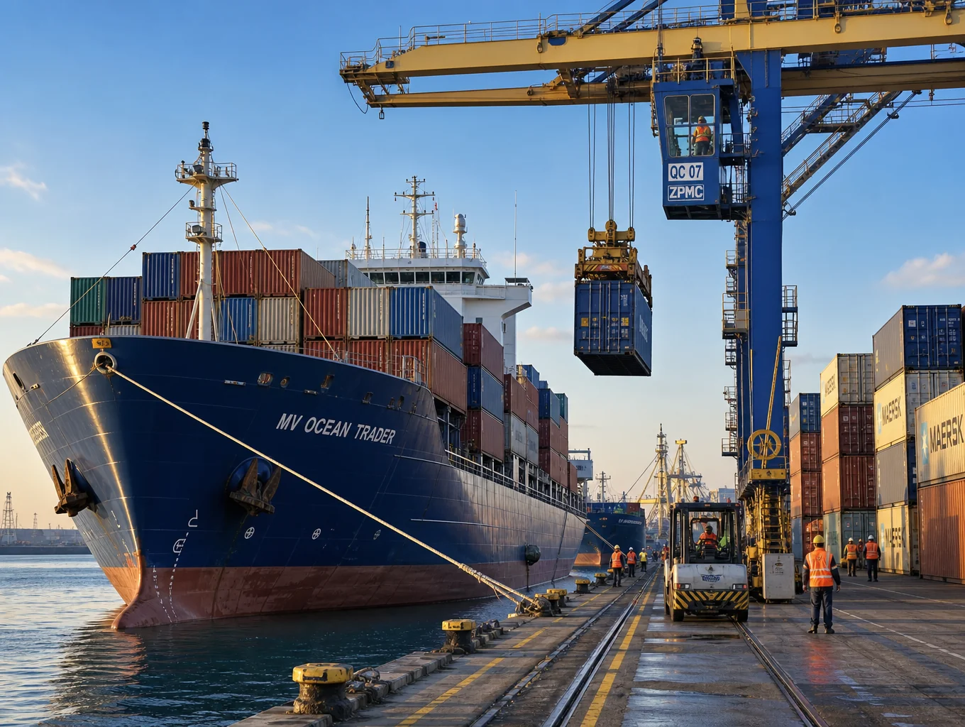 Commercial shipping vessel and maritime cargo logistics terminal